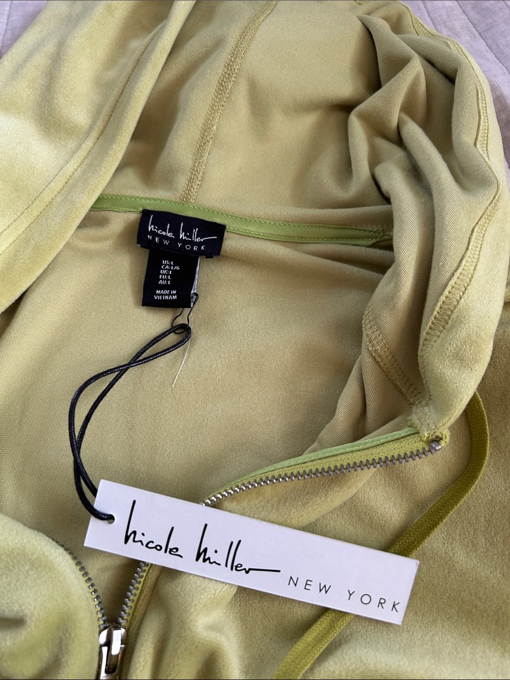NWT Nicole miller chartreuse green Y2K velour wide leg tracksuit hoodie set L - Picture 3 of 14